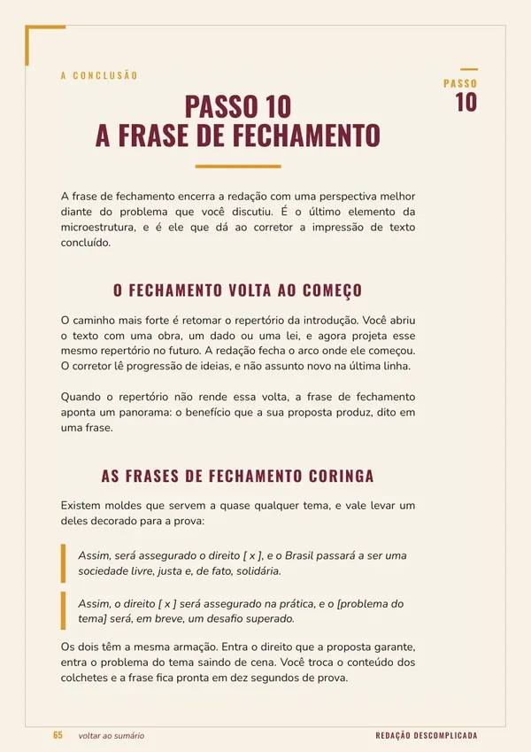 Página do guia: Passo 10, a frase de fechamento